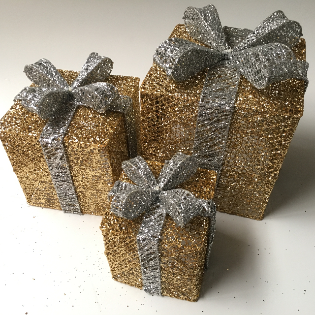 BOX, Set of 3 Gift Box - Glitter Gold w Silver Bow